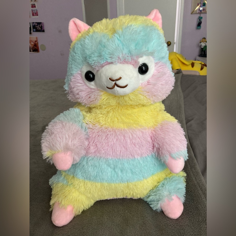 Rainbow alpaca stuffed animal backpack